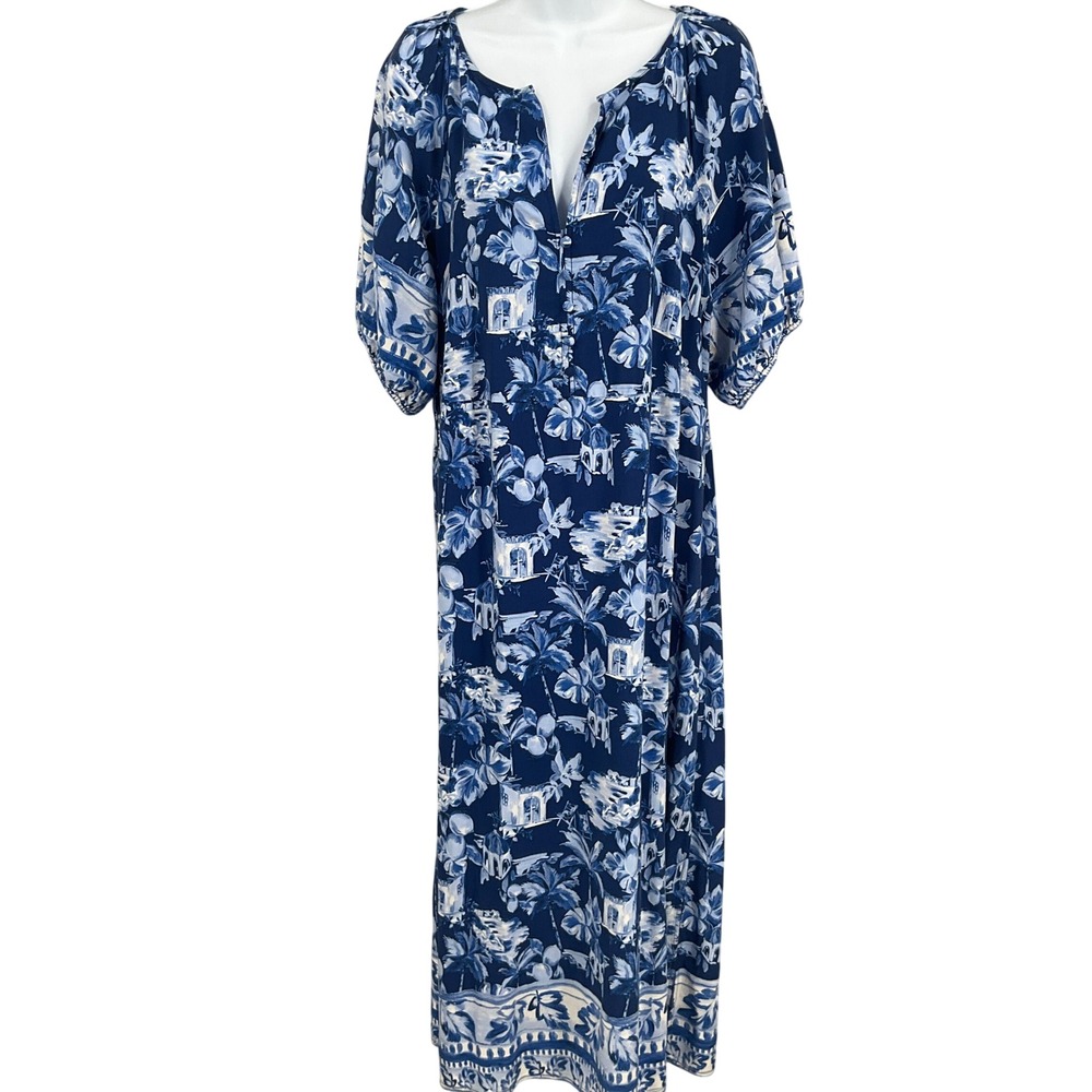 LOFT Maxi Dress Womens Sz L Blue Palm Tree Resort Vacation Travel Coastal Boho